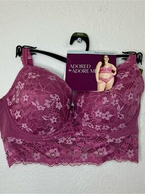 Adored By Adore Me Longline Bra Women’s Size 36DD Pink Floral Lace Lightly Lined